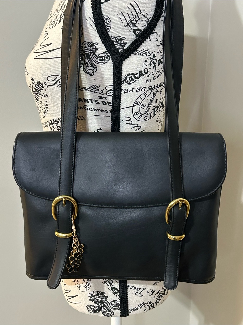 Vintage Green Fields Black Shoulder Bag with Gold Buckle Detail